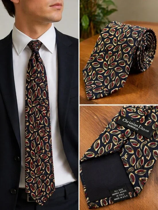 Christian Dior Monsieur Silk Tie Navy Red Gold Geometric Pattern Made in USA Vin - Picture 4 of 4